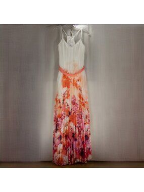Bisou Bisou Womens 8 Maxi Dress White Orange Floral Pleated Belted Strappy Back